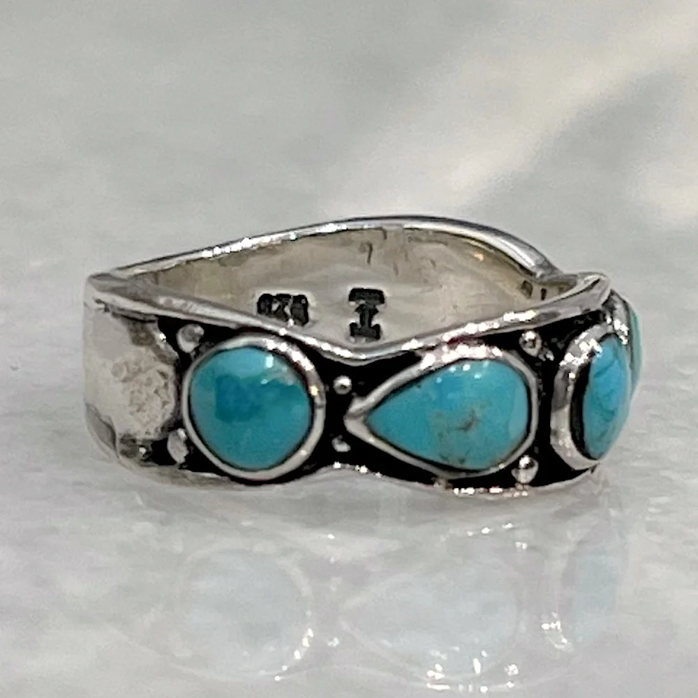 Santa Fe Style Sterling Silver Kingman Turquoise 5 Stone Ring Sz 7